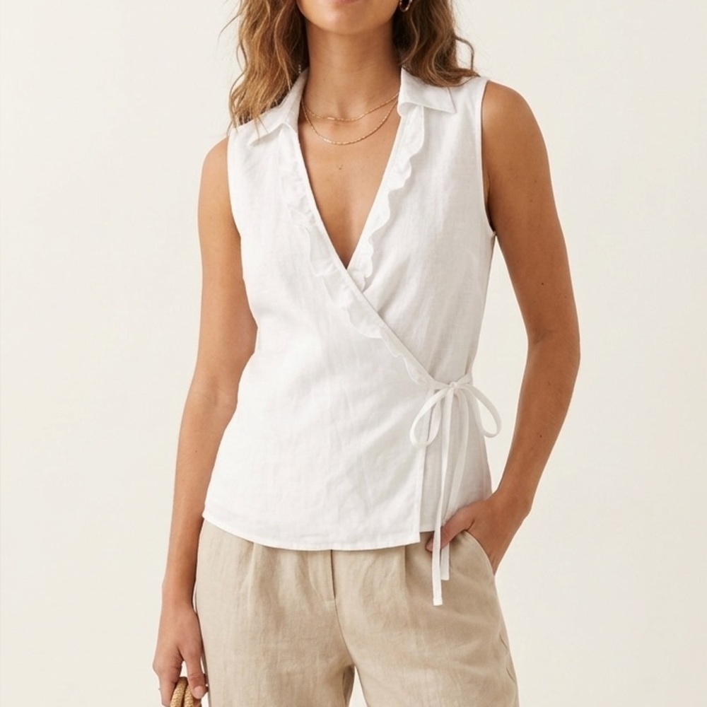 Richard Malcolm Irish Linen White Ruffle Wrap Top Sleeveless Sz Large